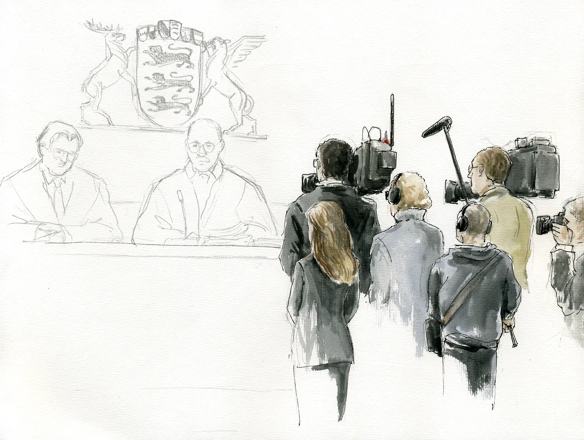 Gerichtszeichnung Kachelmann-Prozess – Presse und Medien im Gerichtssaal