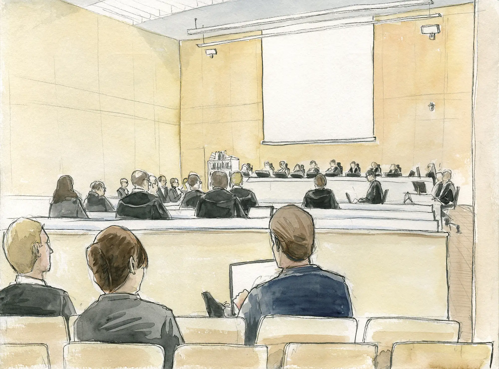 Gerichtszeichnung Wirecard-Prozess München 2023 – Blick in den Gerichtssaal